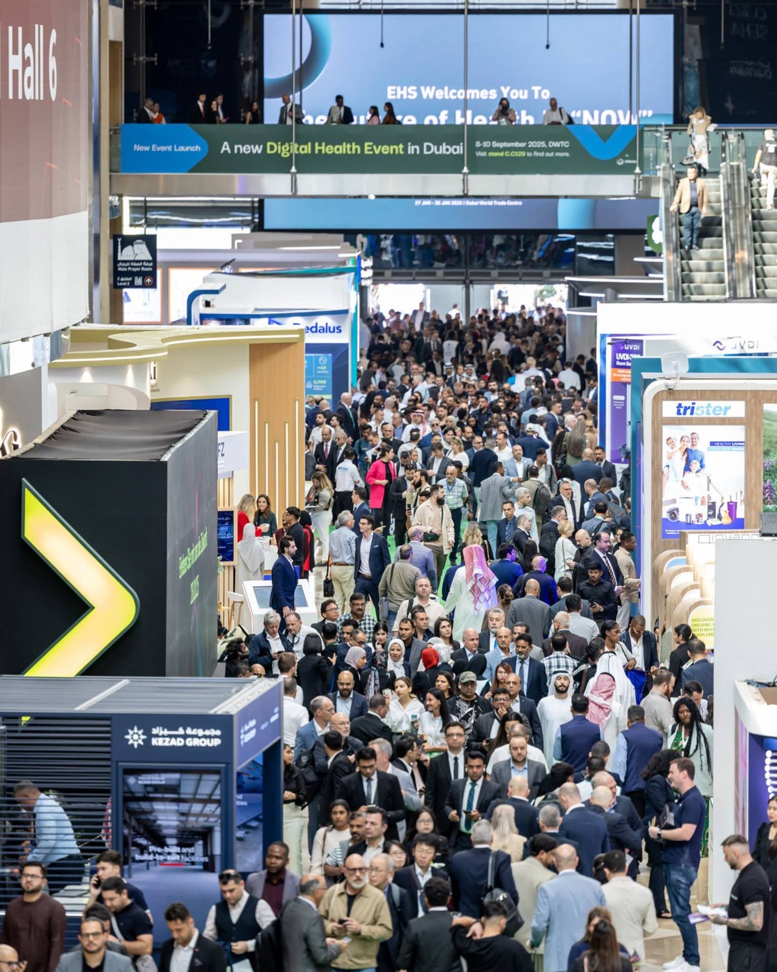 Crowds moving through the WHX 2026 exhibition halls in Dubai