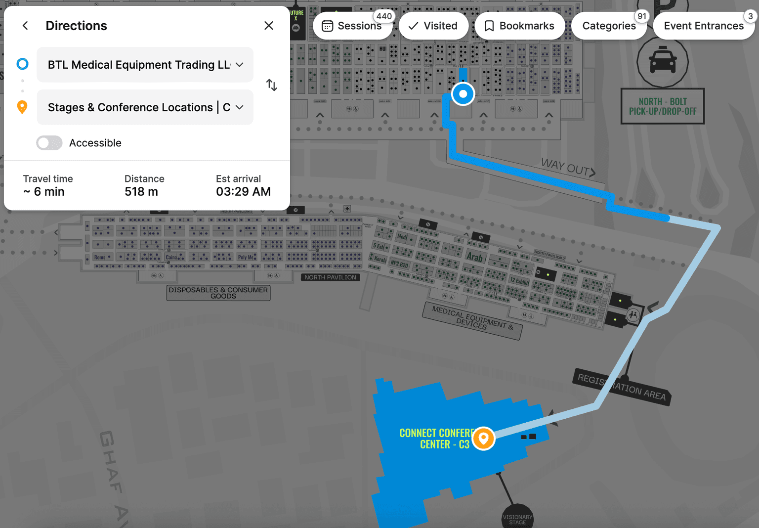 Blue-dot wayfinding route across the WHX interactive floor plan