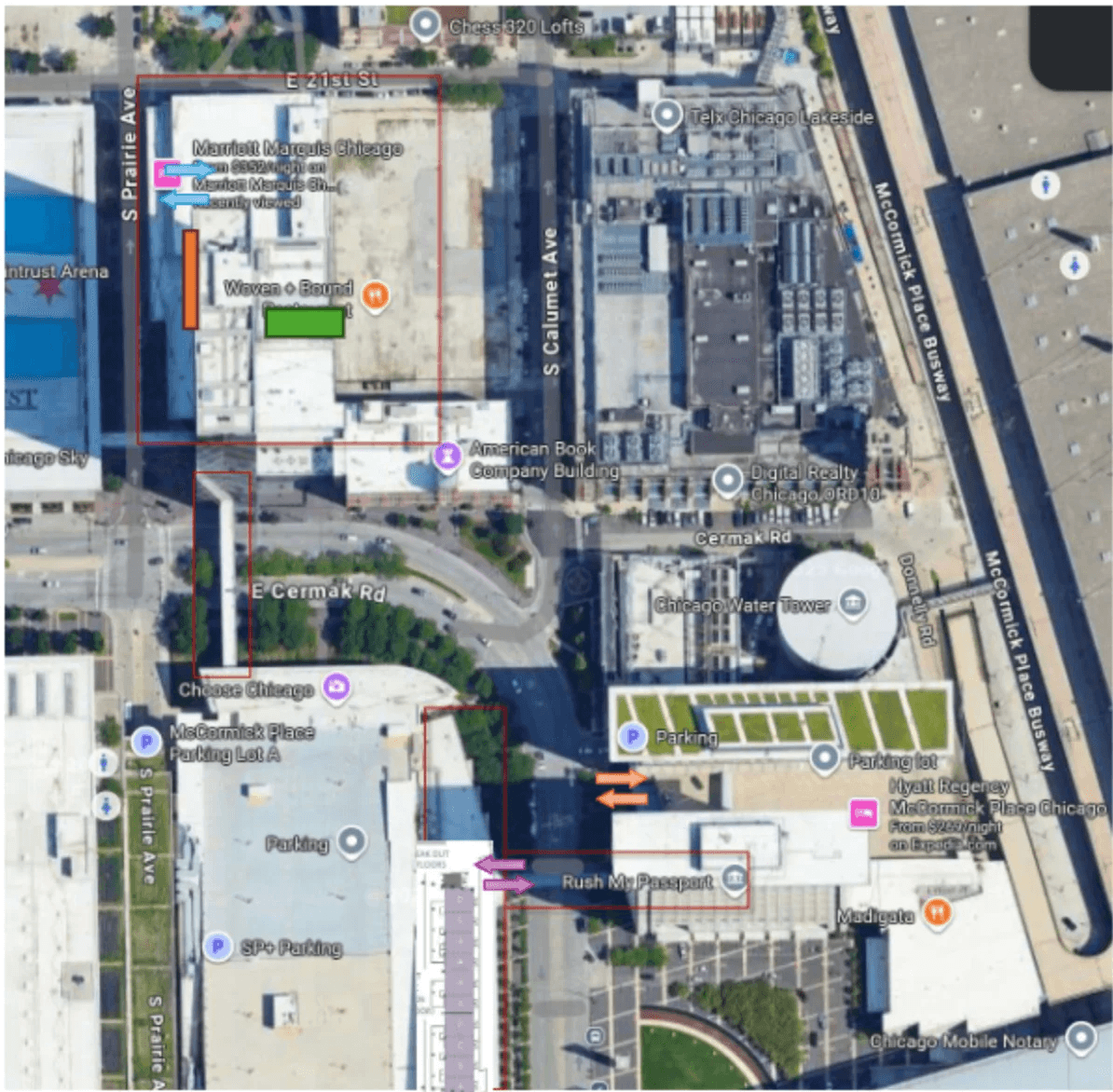 Aerial view showing Marriott Marquis Chicago, Hyatt Regency McCormick Place and McCormick Place West with the Verkada One 2025 footprint and connecting routes marked