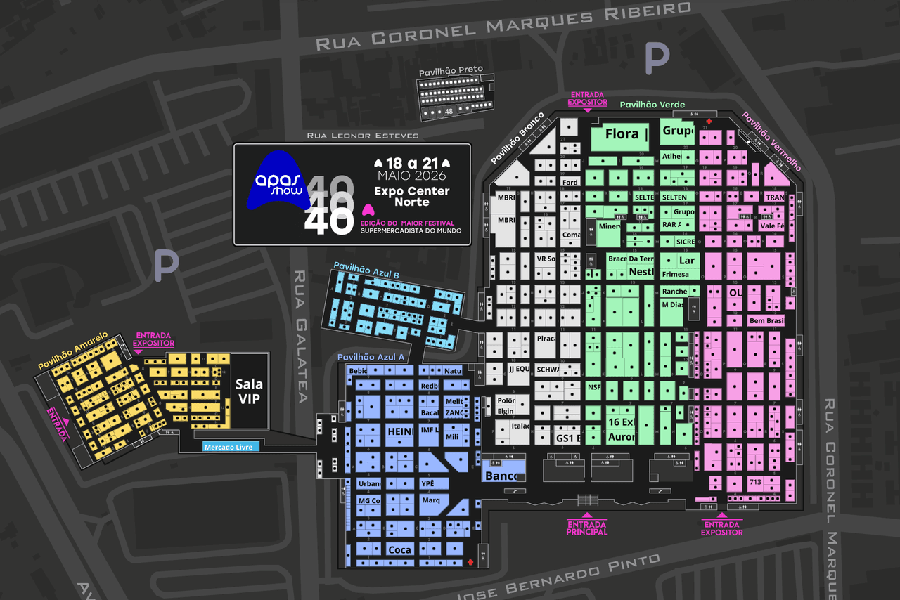 APAS Show 2026 interactive floor plan of Expo Center Norte with colour-coded pavilions