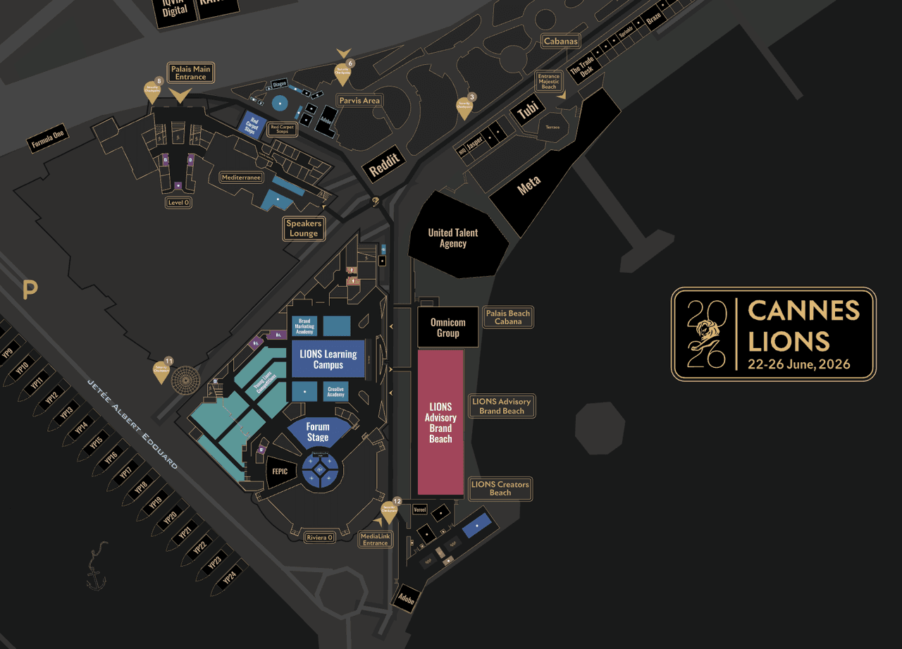 Cannes Lions 2026 branded interactive map showing the Palais des Festivals, stages and brand beaches