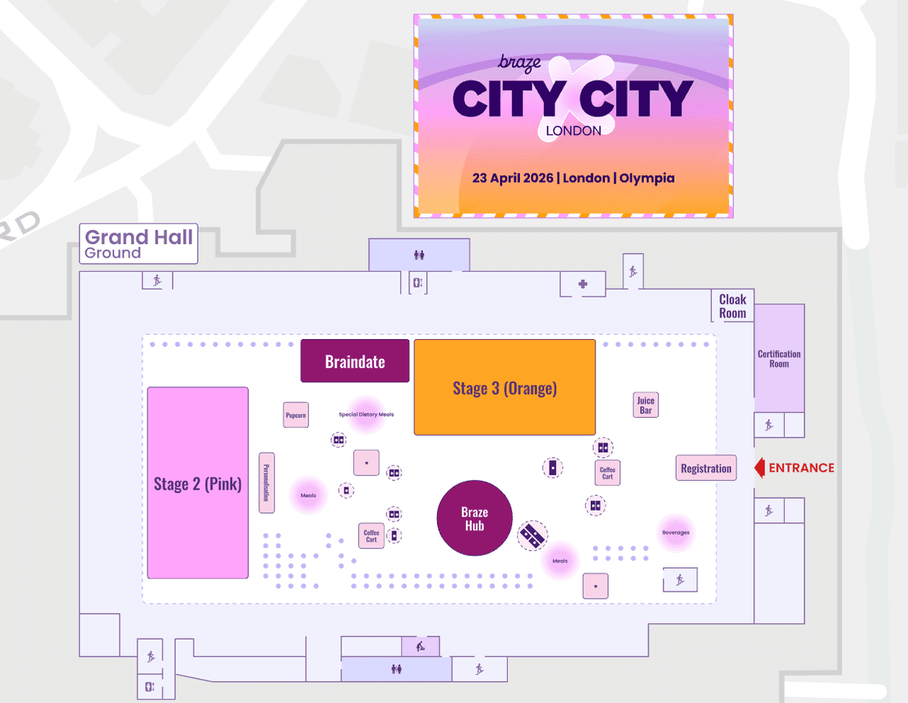 City x City London 2026 branded floor plan of the Grand Hall at Olympia London