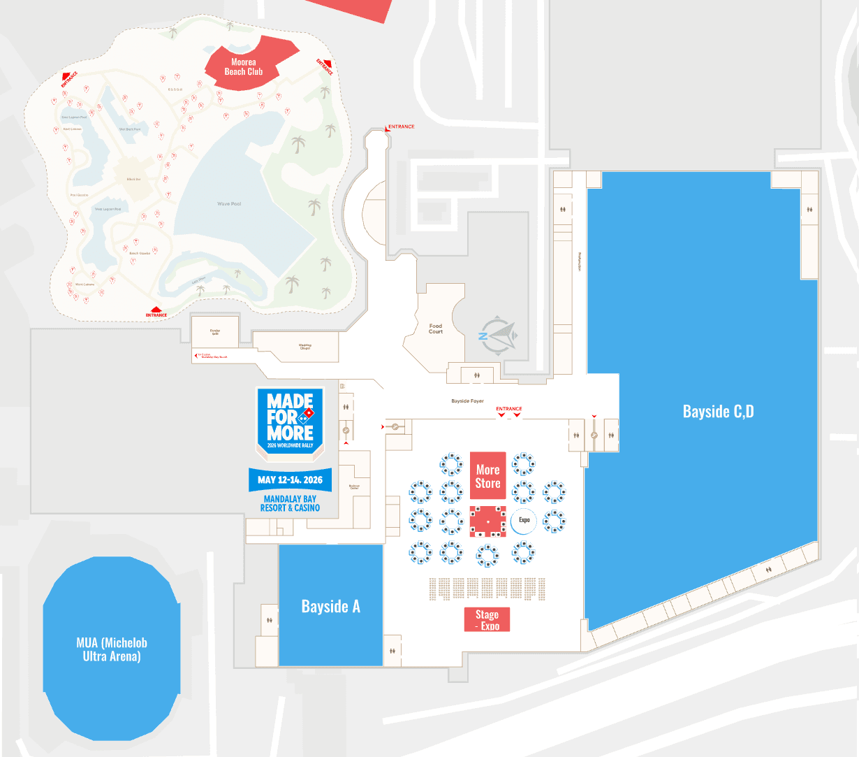 Domino's 2026 Worldwide Rally branded floor plan covering the Bayside Halls, Michelob Ultra Arena and Moorea Beach Club at Mandalay Bay