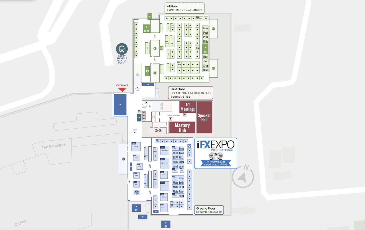 iFX EXPO Cyprus 2026 branded floor plan showing Expo Hall 1, Expo Hall 2, the Speaker Hall and Mastery Hub