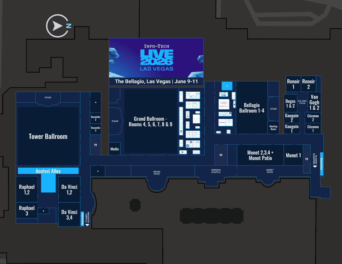 Plano interactivo completo de Info-Tech LIVE 2026 en el recinto del Bellagio