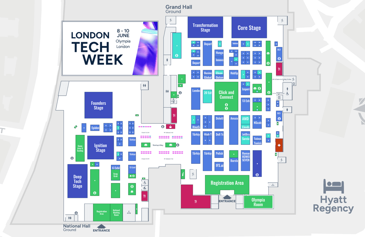 London Tech Week 2026 branded floor plan of the Grand Hall and National Hall at Olympia London