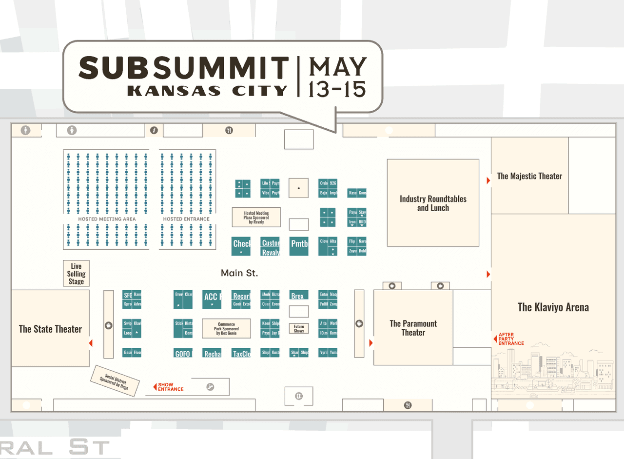 SubSummit 2026 branded floor plan showing the exhibition floor, theaters and hosted meeting areas at the Kansas City Convention Center