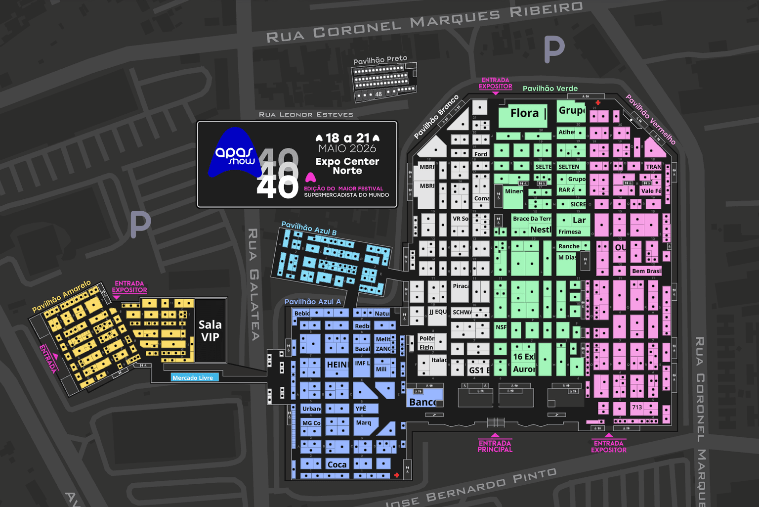 APAS Show 2026 interactive floor plan of Expo Center Norte with colour-coded pavilions