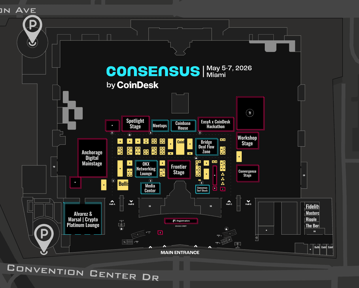 Plano interactivo de Consensus Miami 2026 con el pabellón de exposición