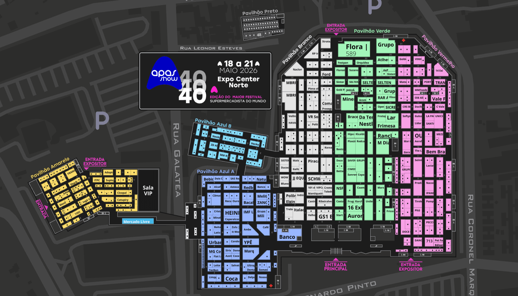 APAS Show 2026 floor plan with the exhibitor search panel open next to the full Expo Center Norte layout