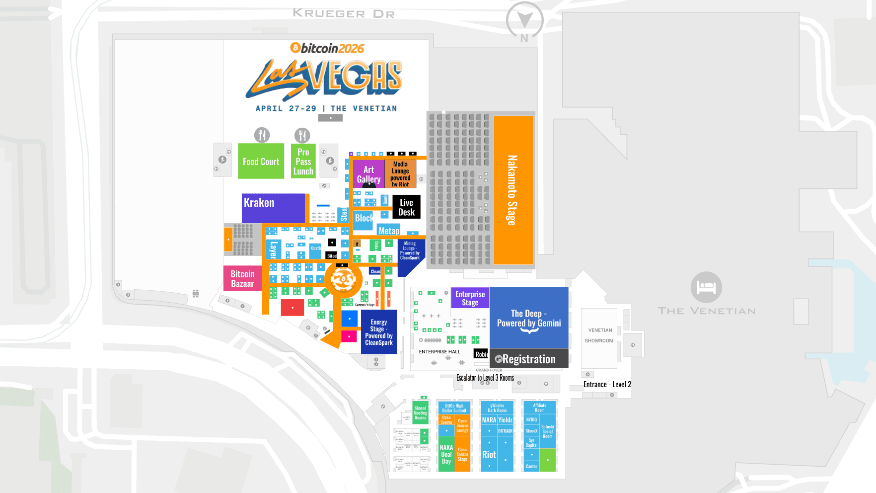 Bitcoin Conference 2026 interactive floor plan showing exhibitor halls, booths and stages at The Venetian Expo