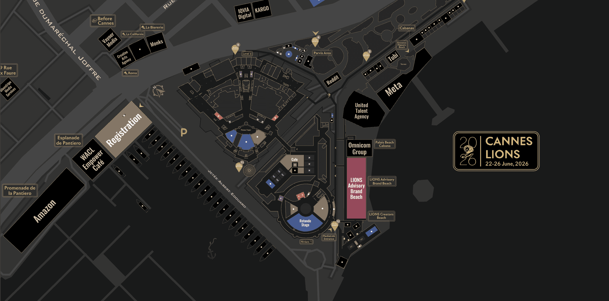Cannes Lions 2026 interactive map with the search panel and category filters open