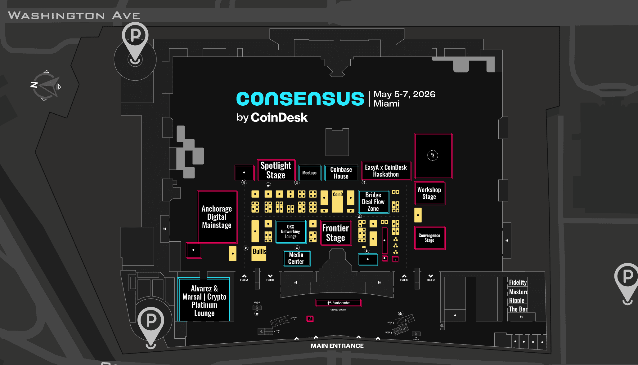 Planta interativa completa do Consensus Miami 2026 no Miami Beach Convention Center