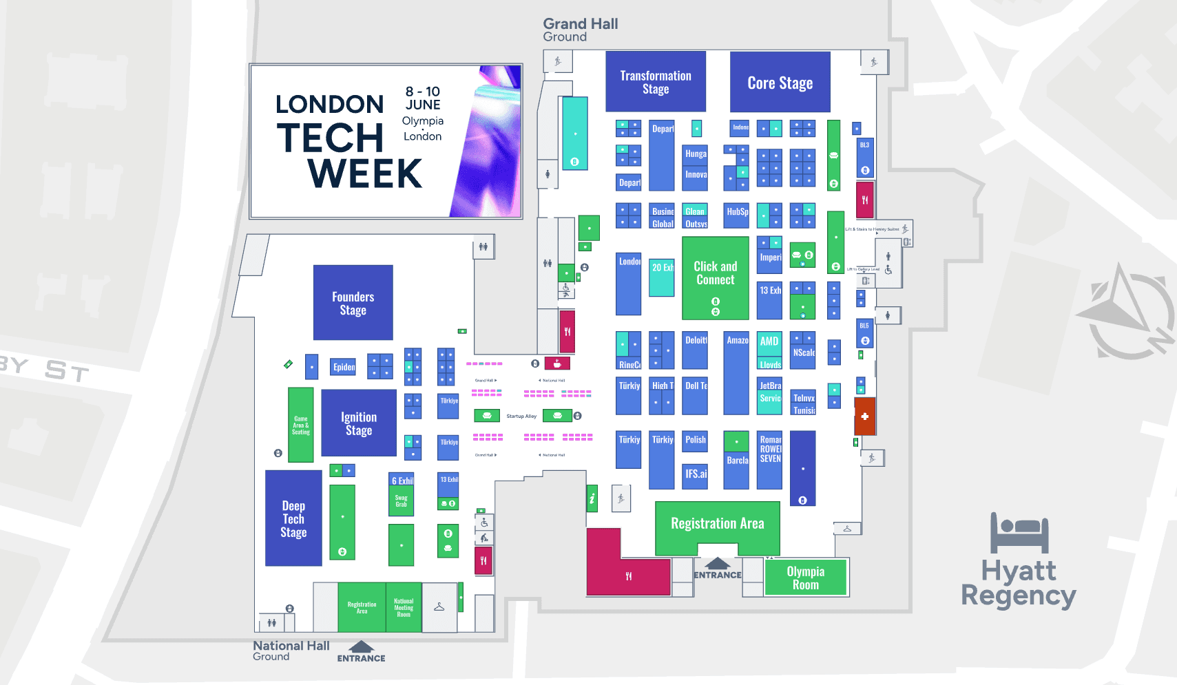 London Tech Week 2026 interactive floor plan with the exhibitor search panel and level switcher open
