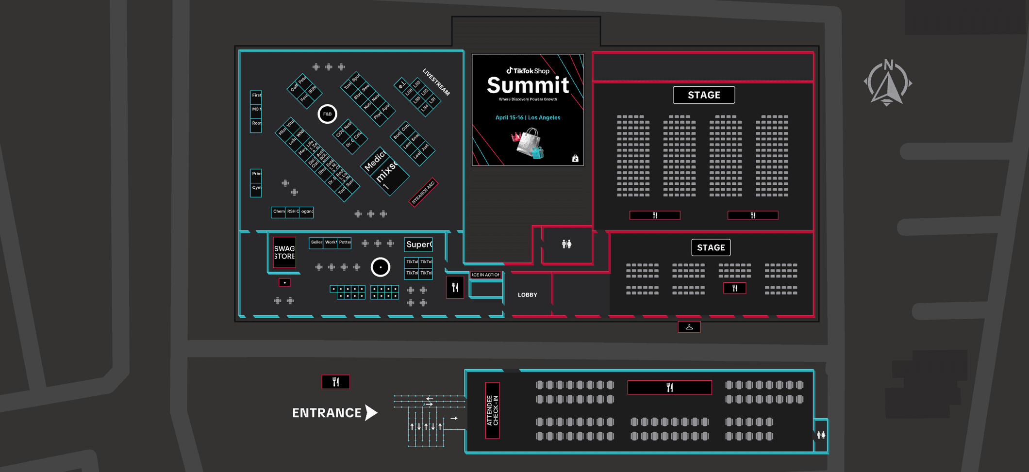 TikTok Shop Summit 2026 interactive floor plan for Reframe Studios with stages, livestream area and swag store