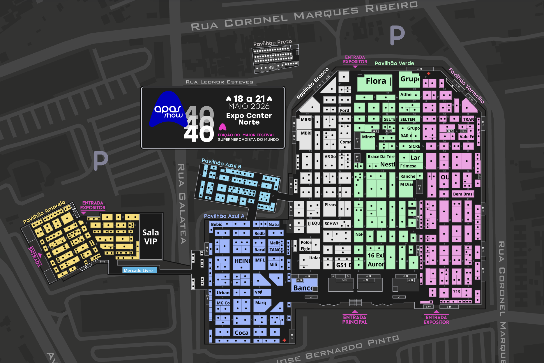 APAS Show 2026 interactive floor plan of Expo Center Norte with colour-coded pavilions