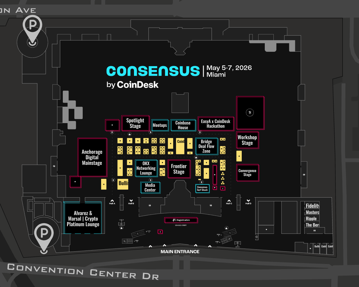 Interaktiver Hallenplan von Consensus Miami 2026 mit der Ausstellungshalle